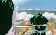 Zoro a punto de atacar letalmente a Pin Joker.