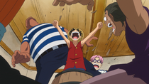 Luffy Emerges From Barrel in the Anime