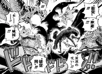 Rocks, Garp, Roger, Whitebeard, Charlotte Linlin, and Kaidou unleash a massive team attack on Imu.