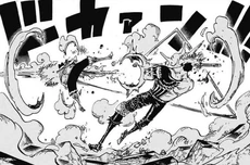 Katakuri enfrentándose, en igualdad de condiciones, contra el veloz snakeman de Luffy.
