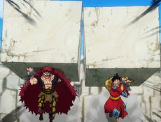 Luffy y Kid cargando rocas en Udon