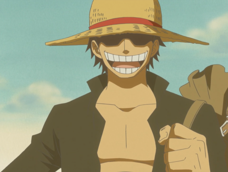 Luffy, one piece hero, smiling under the sun with his straw hat