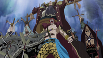 Kid crucifying a defeated pirate crew.