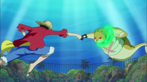 The enslaved leader clashes with Luffy.