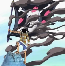 Luffy melindungi bendera Dr. Hiriluk.