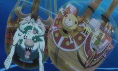 Los Piratas de Caribou atacando al Thousand Sunny.