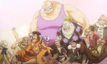 Rayleigh and the Roger Pirates celebrating reaching Laugh Tale.