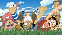 Luffy, Usopp and Chopper playing in the grass