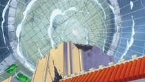 Doflamingo uses Kumo no Sugaki to destroy a tower sent at him by Law.