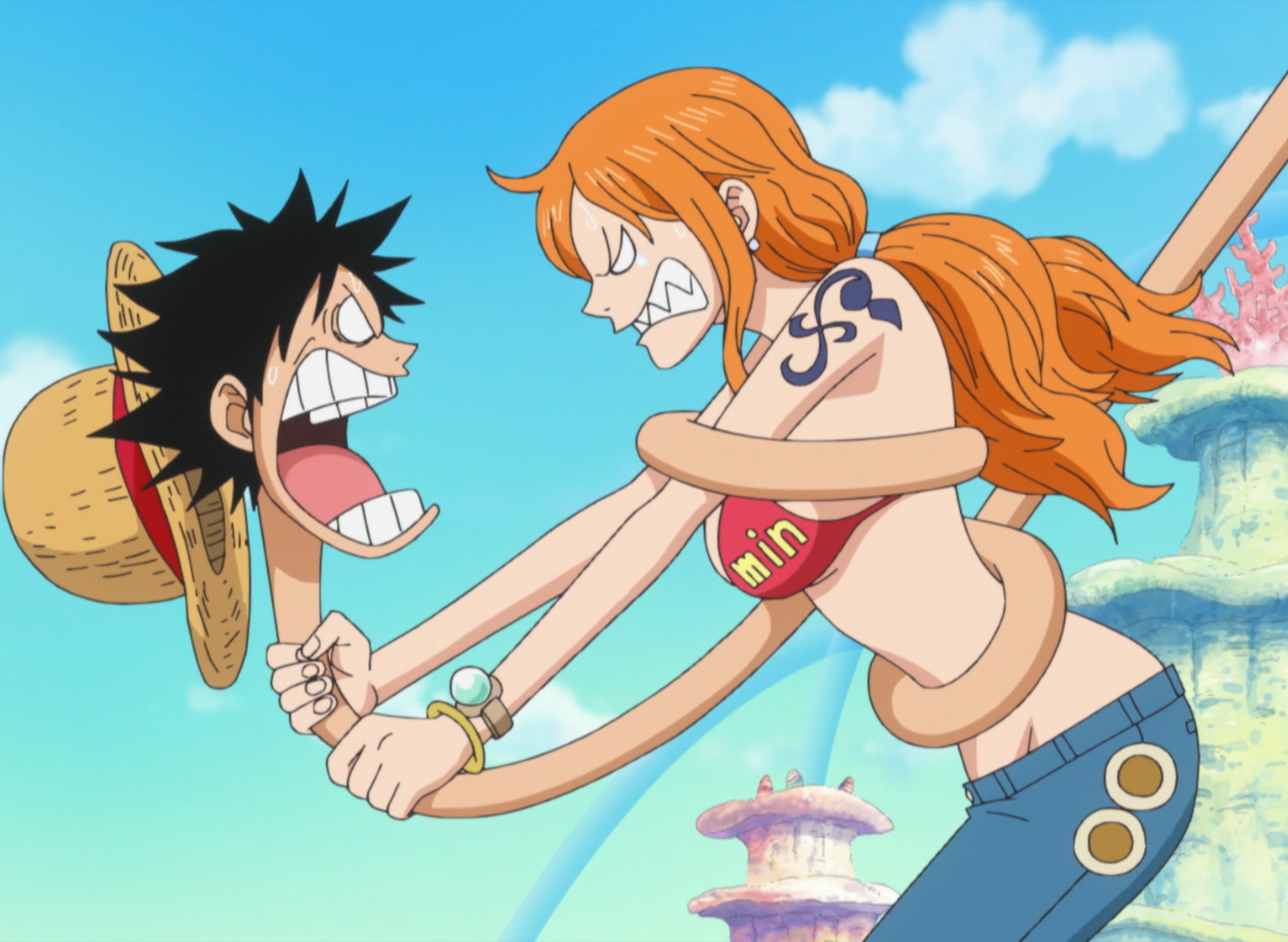 Luffy and Nami - ONE PIECE NEW KEY VISUAL FOR EPISODE 1000. Ok.and there's  a tiger's leg. And Nami's hair has something like fire. There's seem to be  a fire lightning coming