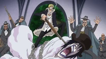 Caesar being held hostage by Sanji.