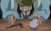 Trebol offers Doflamingo the Ito Ito no Mi and his signature pistol.