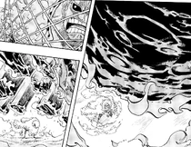 Doflamingo using his strings to slice Fujitora's meteorite.