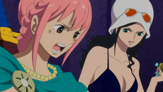 Rebecca habla con Luffy por Den Den Mushi