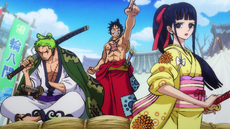 Luffy, Zoro y Kiku preparados para luchar