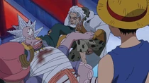 Rayleigh thanking Luffy for protecting Hatchan.