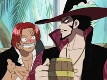 Uma cena cortada da versão da 4Kids do anime mostrando Shanks encorajando Mihawk a beber álcool.