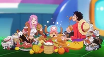 Luffy, Bonney, and Chopper chow down together.