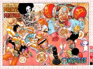 779. Słomkowi jedzą pizzę, a Nami, Usopp i Chopper pokazują wszystkim plakaty z One Piece Tokyo Tower.