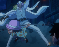 Ricca prevents Spandam from killing Luffy.