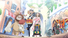 Straw Hats and Kin'emon Encounter Toys on Dressrosa