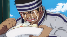 Gin llora al comer la comida de Sanji