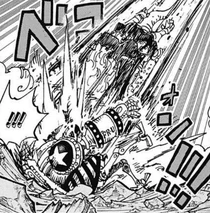 O General Franky é gravemente danificado pelas técnicas de Sasaki, com seu ombro esquerdo sendo completamente destruído.
