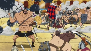 Dagama, junto a Elizabello II, Tank Pelanto, y otros gladiadores en su alianza, en el Bloque 'B'.