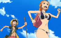 Luffy and Nami Running From Danger