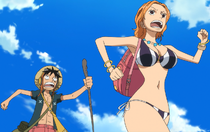 Luffy and Nami Running From Danger