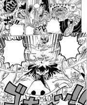 Luffy intenta golpear a Warcury