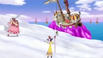The Big Mom Pirates besiege the Straw Hats at the coast of Whole Cake Island.