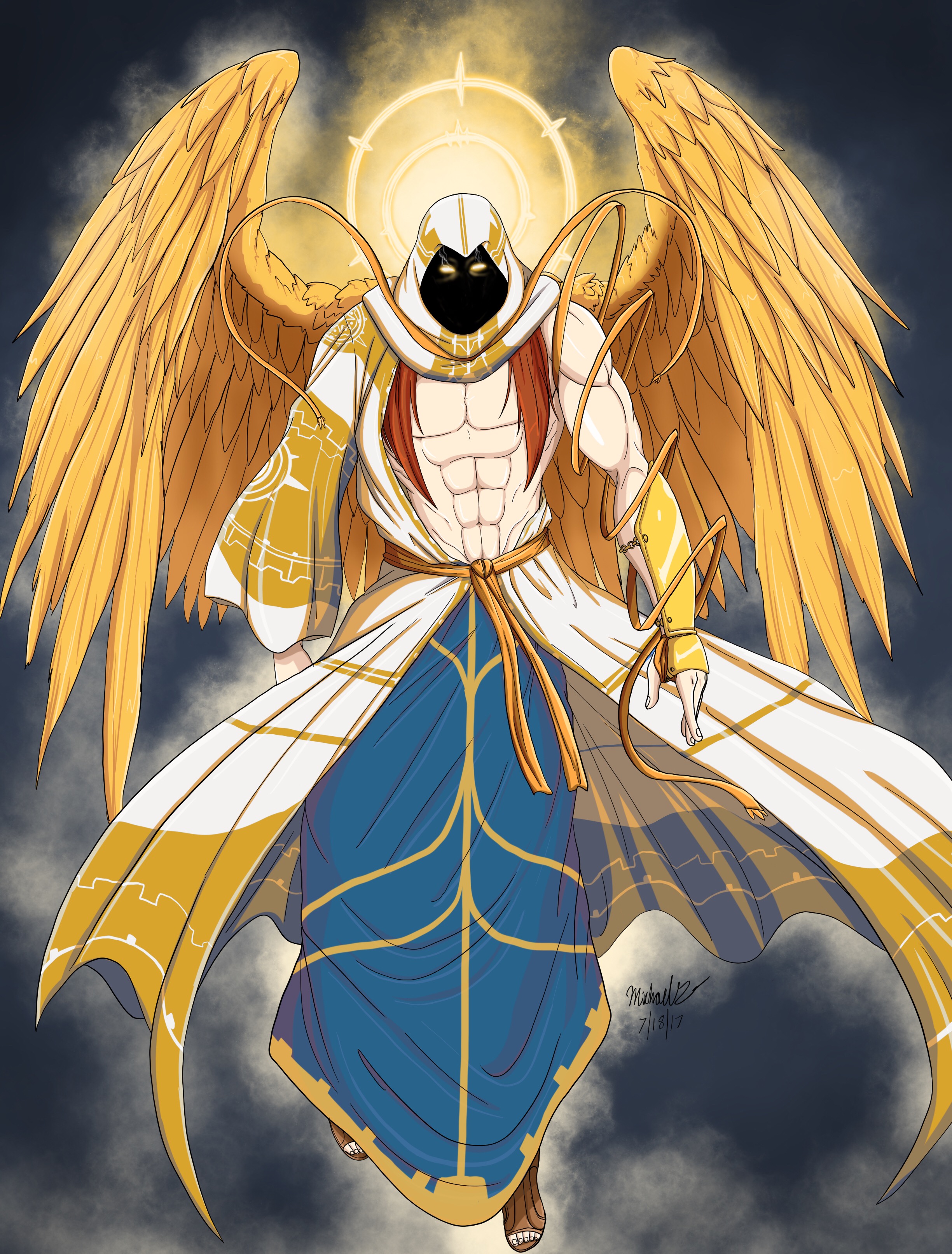 Angemon is an Angel-type Digimon with three pairs of white feathered wings.  He wears a white robe that covers his body and a metal helmet that hides  his face. In his right