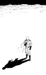 Saitama exhibiting a somber demeanor following Genos' death in the Ominous Future.
