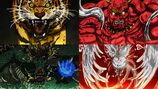 Mysterious beings representing tiger, demon, dragon and god disaster levels respectively