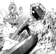 Genos smashes G4's sword with Saitama watching.