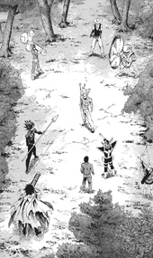 Garou surrounded by a group of heroes in a forest