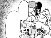 Bakuzan showing Saitama his Bear Killer Mid Kick.