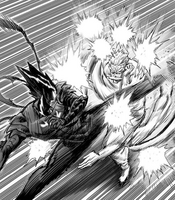Garou gaining the upper hand against Bang with his new fighting style