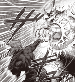 Garou uses Whirlwind Iron Cutting Fist to cut into Super Mouse's arm