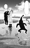 Black Sperm approaches Saitama while pretending to be a monkey.