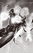 Tatsumaki protecting Genos after he is immobilized.