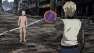 A naked Saitama talking to Genos