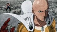 Saitama confronts the monstrous Bakuzan