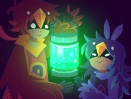 A picture of Alula and Calamus holding a jar of glowing fireflies. Used for Steam/Itch.io/WME pages and launch trailers and as the "Green" Steam Trading card.