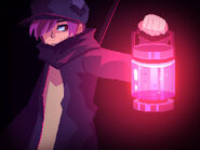 A picture of Lamplighter holding a jar of red phosphor. Used for Steam/Itch.io/WME pages and launch trailers and as the "Red" Steam Trading card.