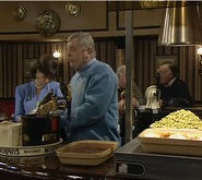 The bar area in 1996. Mike tries to sell Boycie some food. Marlene suggests the harvester.