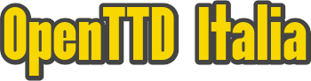Il logo della community di OpenTTD Italia, reca la scritta OpenTTD Italia in lettere color giallo bordate di grigio.