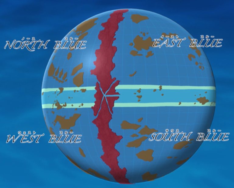 One Piece map tilted to position the North Blue in the North and South Blue  in the South with English translation. : r/OnePiece