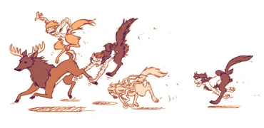 A small group of wolfons hunting down a deer by running on all four limbs (2015).